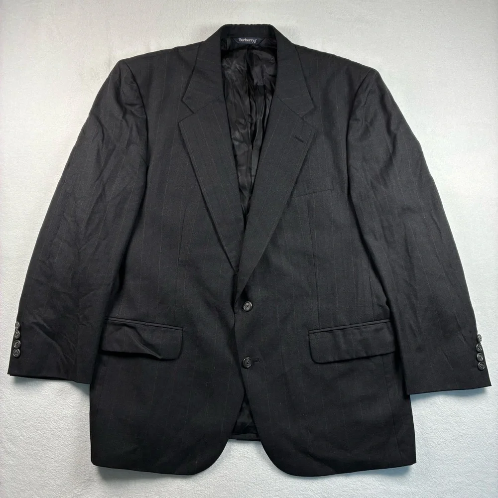 Burberrys Vintage 2 Button Jacket Blazer Navy Blue Tan Pinstripe 46R 100% Wool